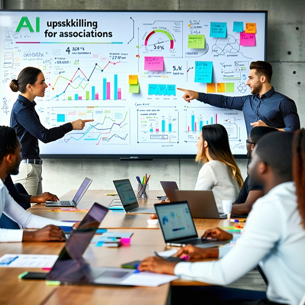 Association individuals meeting over upskilling AI education programs. 