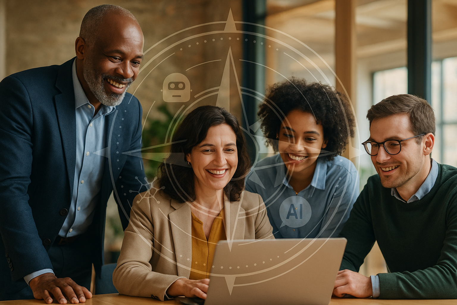Group of professionals working together with a compass overlaying showcasing their journey of AI innovation 