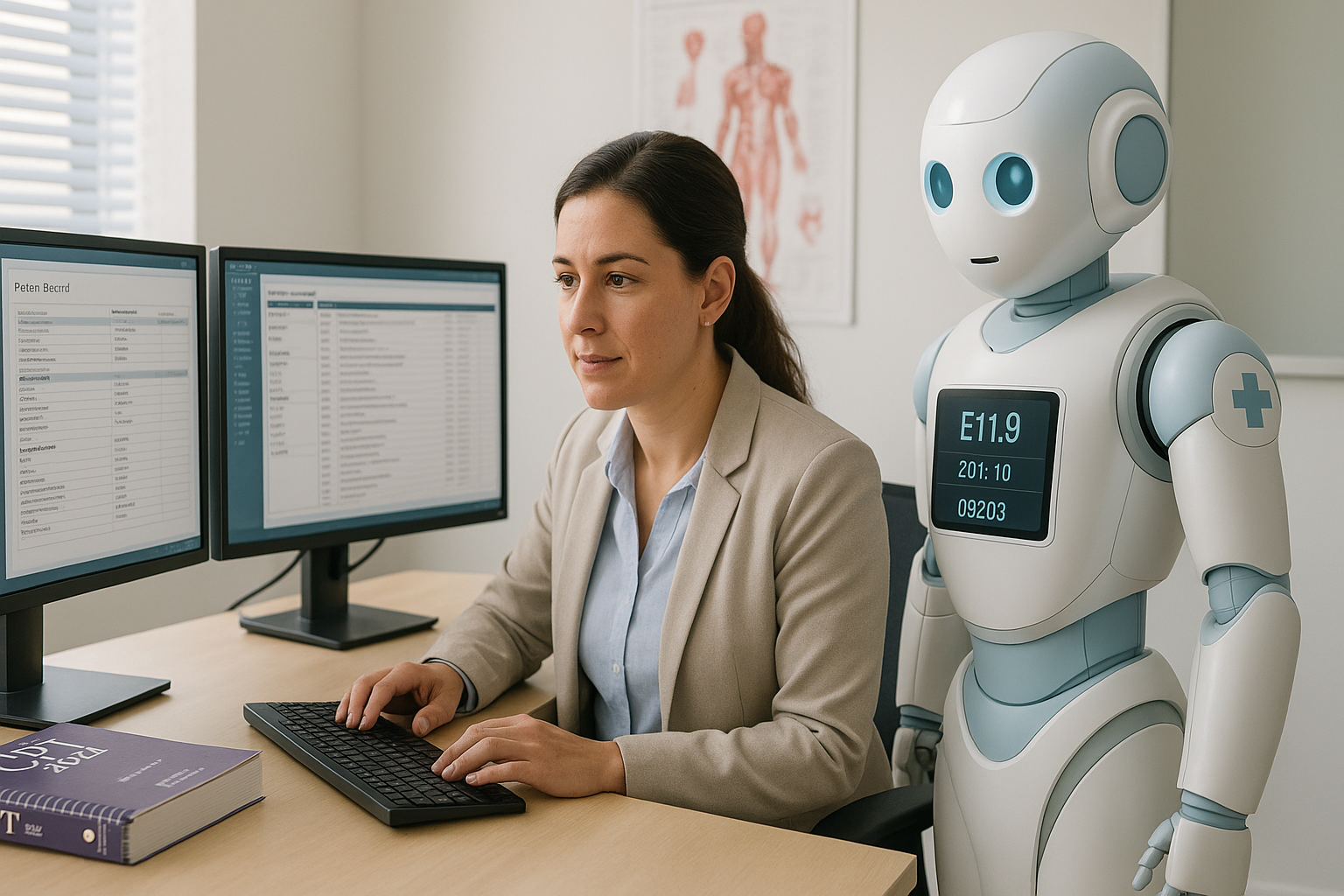 A professional woman in business casual attire works at dual monitors displaying medical records, while a friendly white and blue humanoid robot with a medical cross emblem stands beside her in a modern healthcare office.