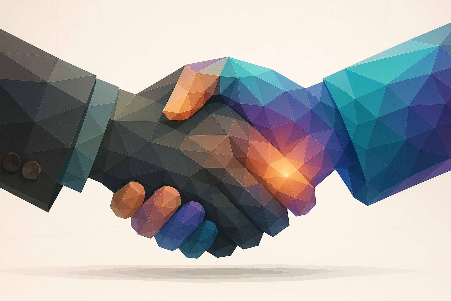 Low-poly geometric illustration of two hands shaking, left in dark gray tones, right in teal and purple, with warm gold highlights where they meet, on a light background.