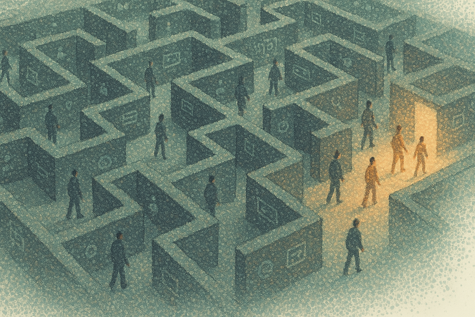 Pointillist aerial view of a digital maze in muted charcoal and sage, with small professional figures navigating toward a glowing peach and gold exit.