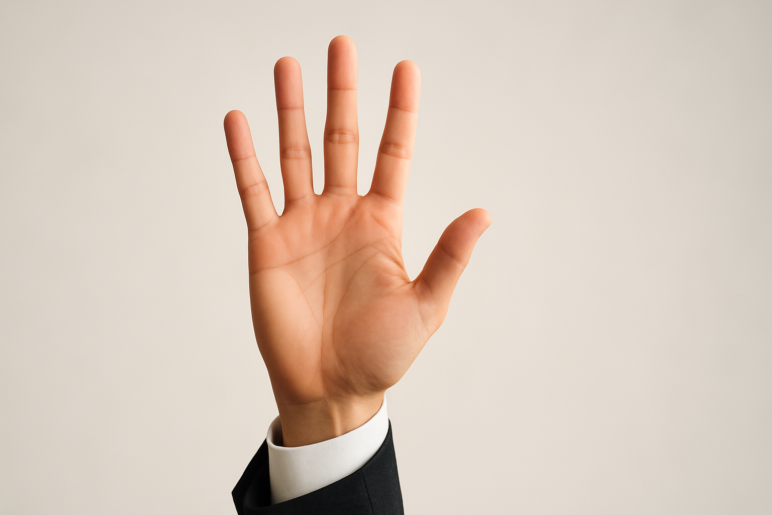 A raised human hand with five fingers extended, palm facing forward, against a soft gradient background, with a business suit sleeve visible at the wrist.