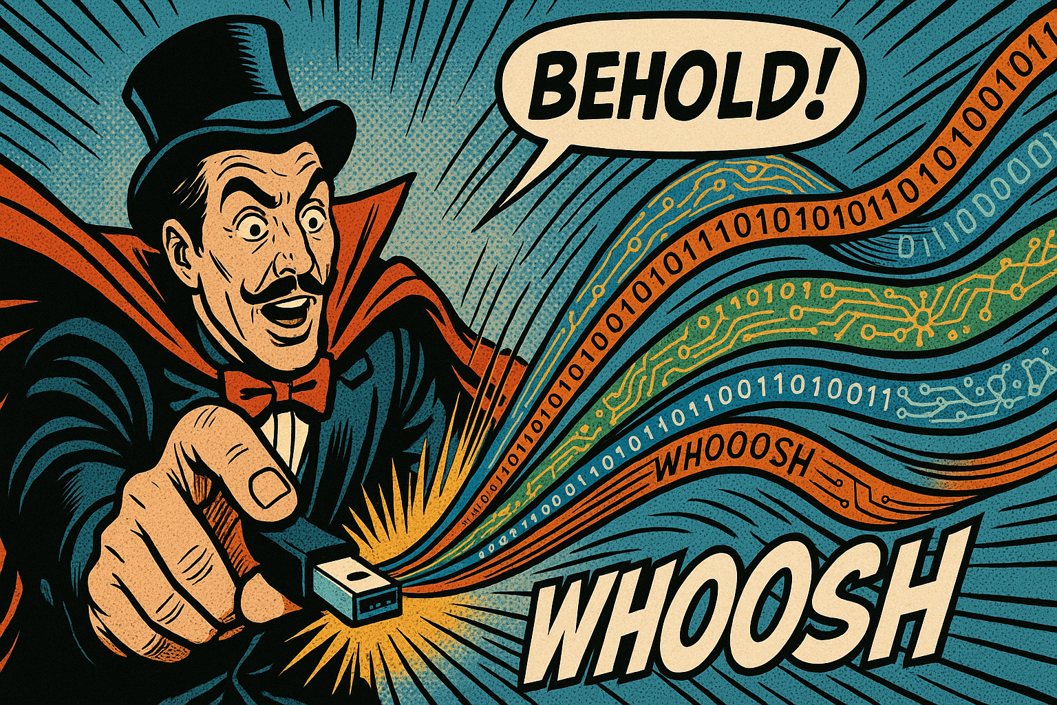 Vintage comic book illustration of a magician pulling colorful ribbons of binary code and circuits from a USB stick, with the word “BEHOLD!” in a speech bubble and “WHOOSH” sound effects in the background.