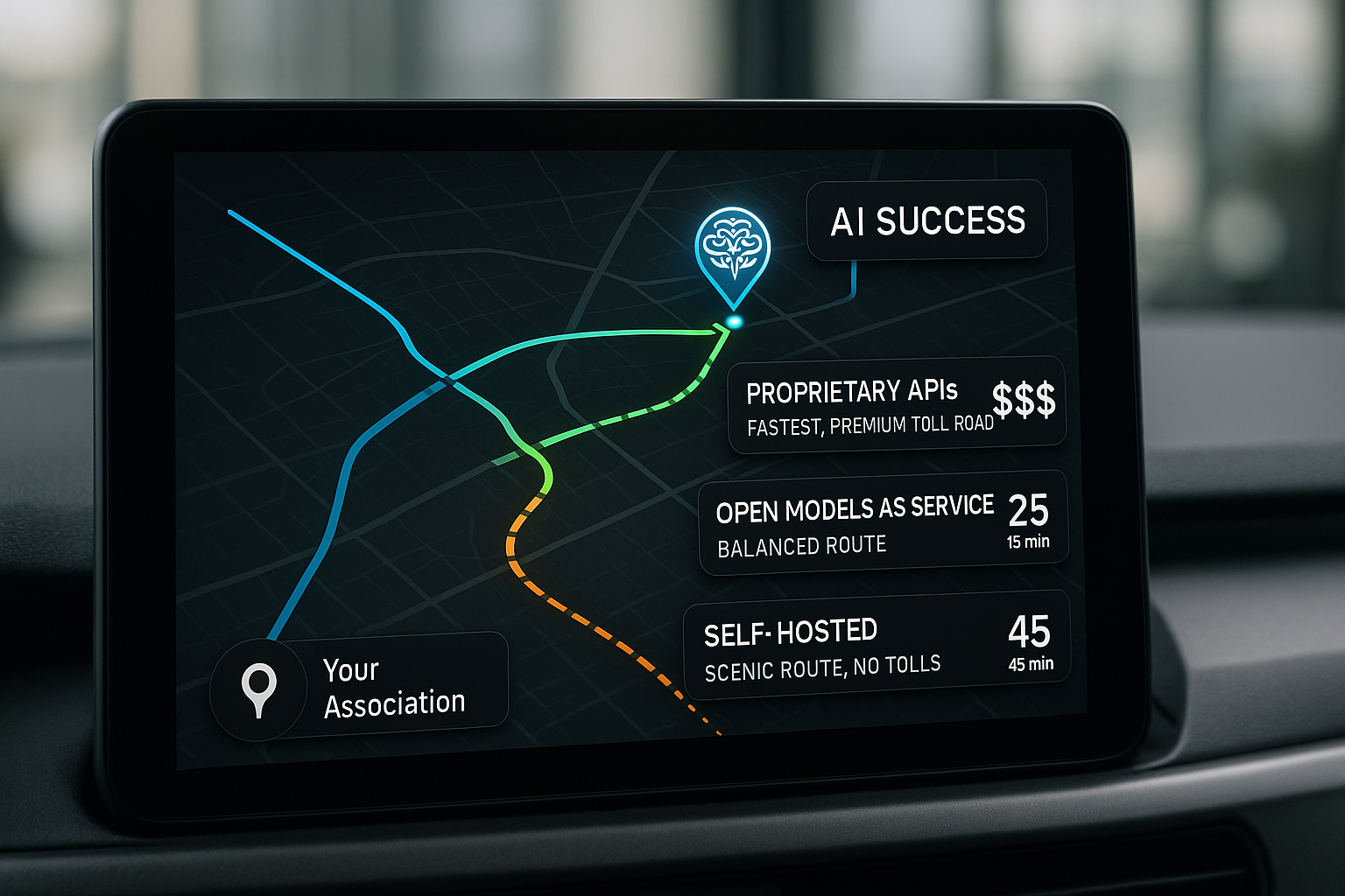 A car dashboard GPS display in dark mode shows three route options to “AI Success” from “Your Association”: a blue toll road (Proprietary APIs, fastest, $$$$), a green balanced route (Open Models as Service, 25 min, $$), and an orange scenic no-toll route (Self-Hosted, 45 min, $), with a glowing AI brain icon marking the destination.