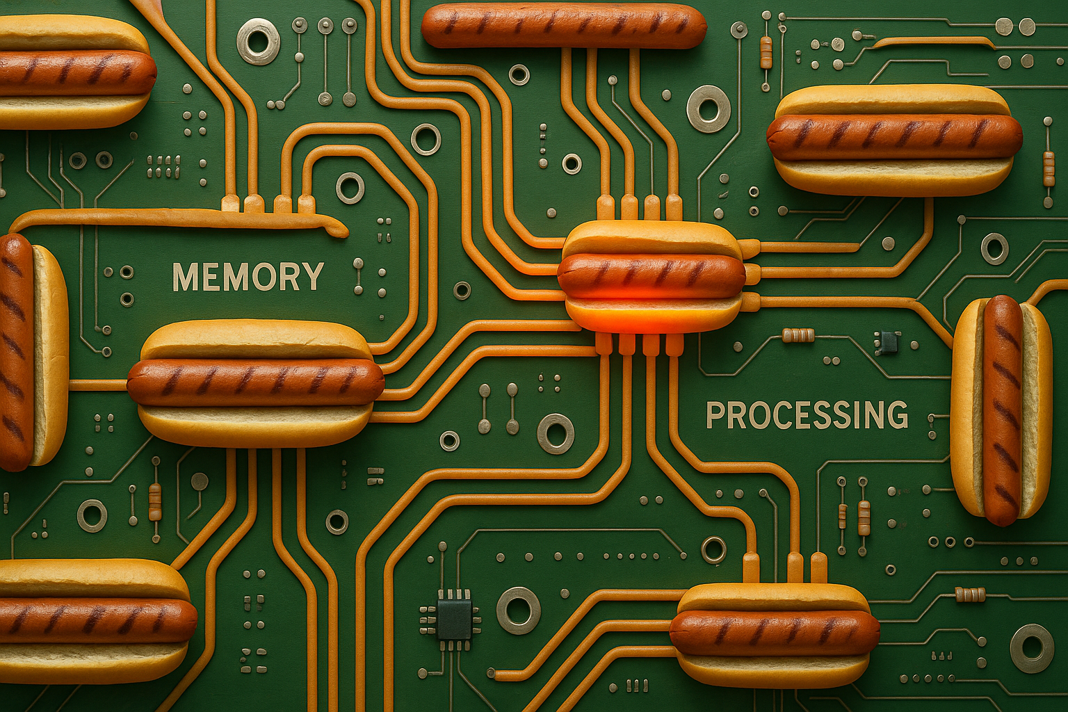 Top-down view of a green circuit board where hot dogs in buns replace copper traces, glowing in places, with labeled sections 'Memory' and 'Processing'.