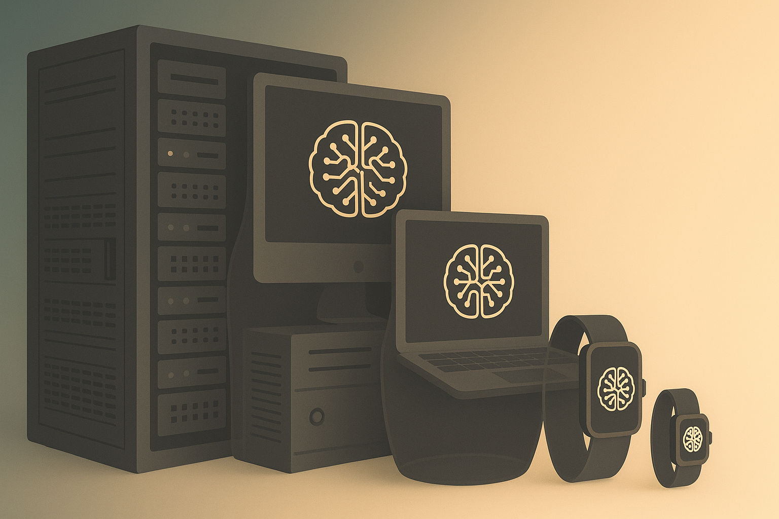 Vector illustration of nested technology devices—server, desktop, laptop, smartphone, smartwatch—arranged like Russian dolls, each with a glowing AI brain icon