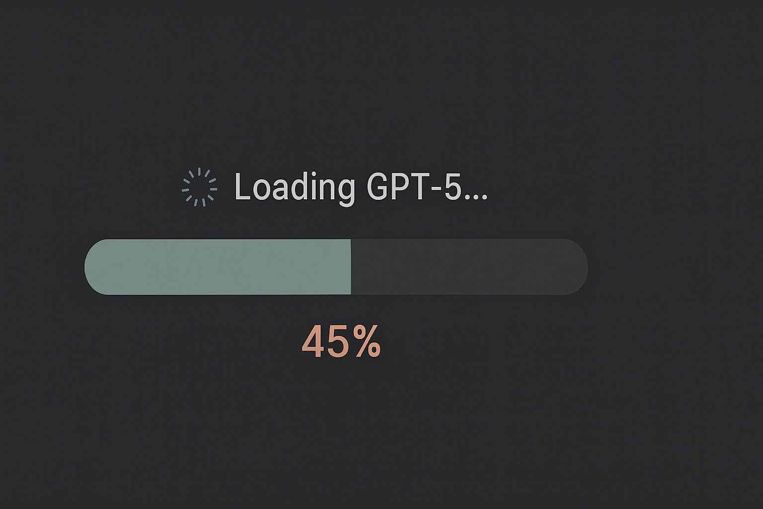 Minimalist loading screen showing a progress bar at 45% on a dark charcoal background, with the text “Loading GPT-5…” in light gray, a small frozen spinning loader icon, and “45%” displayed below in soft peach.
