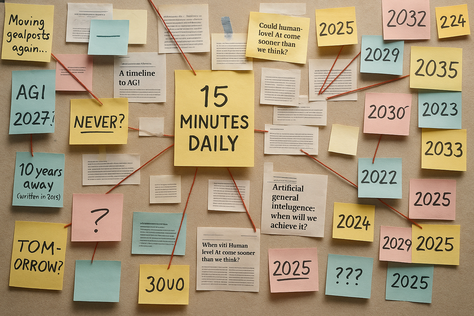A cluttered office wall covered in colorful sticky notes, scribbled AGI predictions, and red strings connecting them like a conspiracy board. A central yellow note reads '15 MINUTES DAILY' in bold.