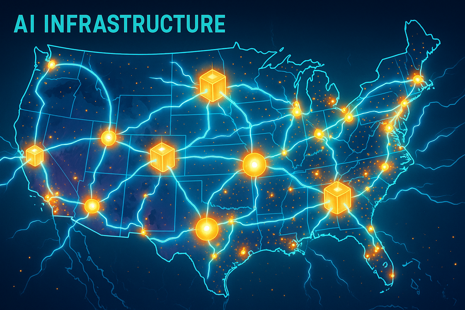 A stylized bird’s-eye view map of the United States showing AI infrastructure as glowing orange data nodes connected by electric blue lines, with major cities illuminated to represent power consumption.