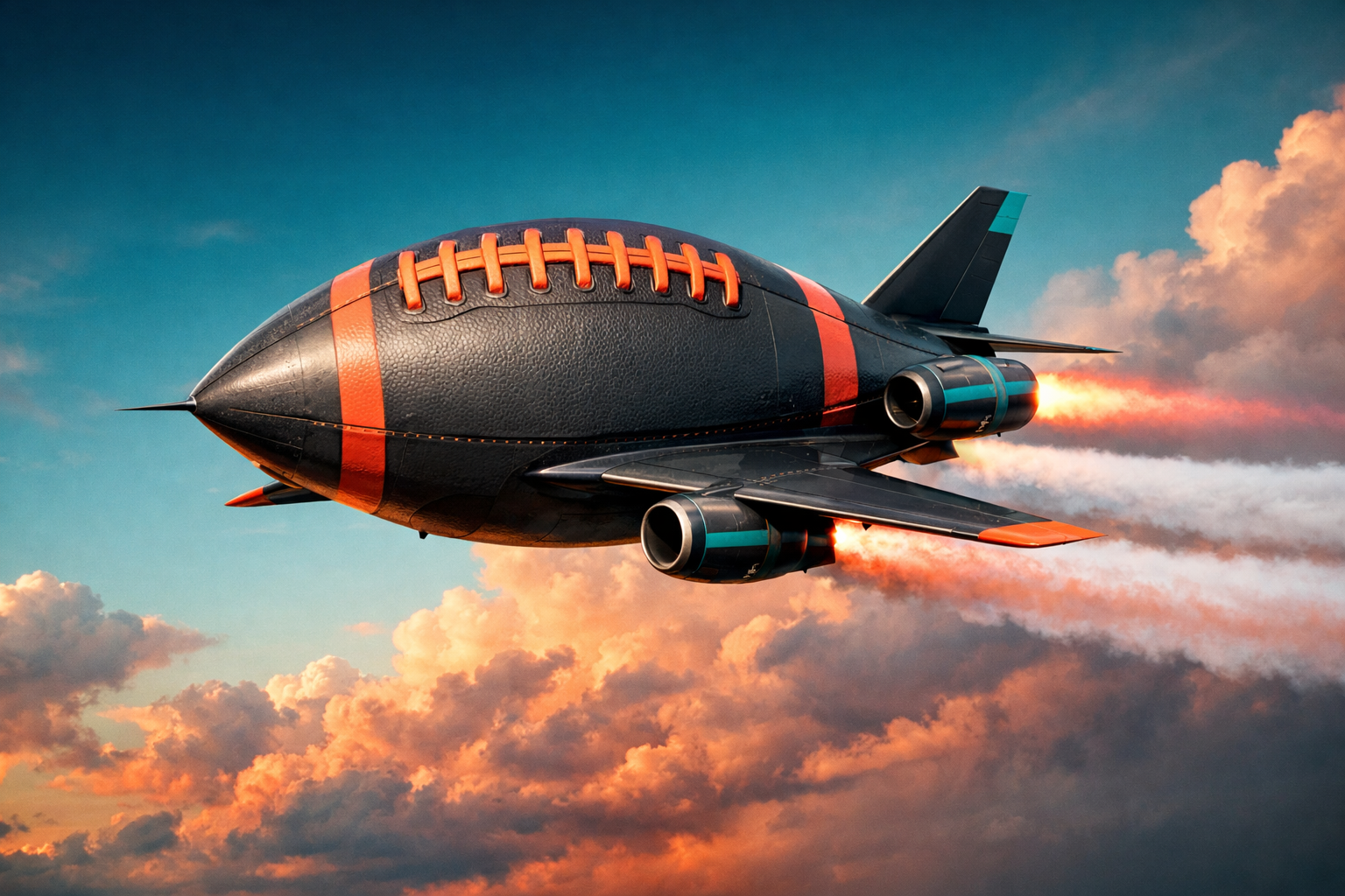football-shaped supersonic jet flying through a colorful sky