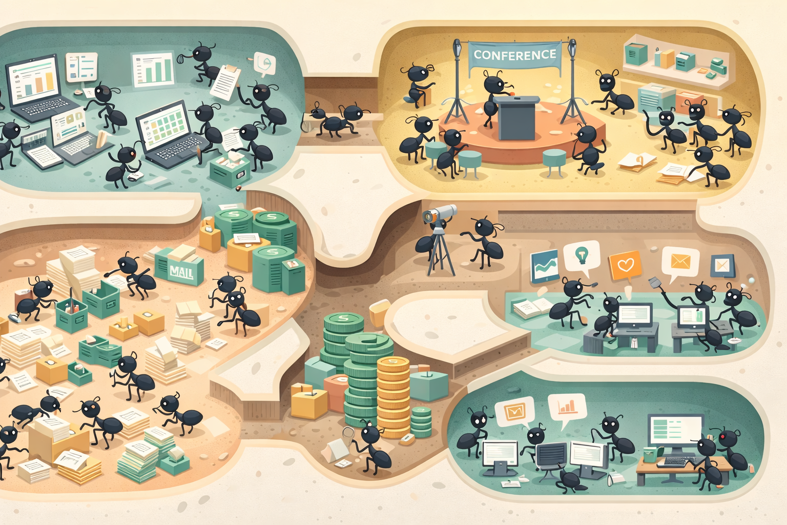 Top-down cartoon illustration of an ant colony cross-section where ants work in chambers for spreadsheets, conference setup, and mail sorting, shown in soft tech-inspired colors.