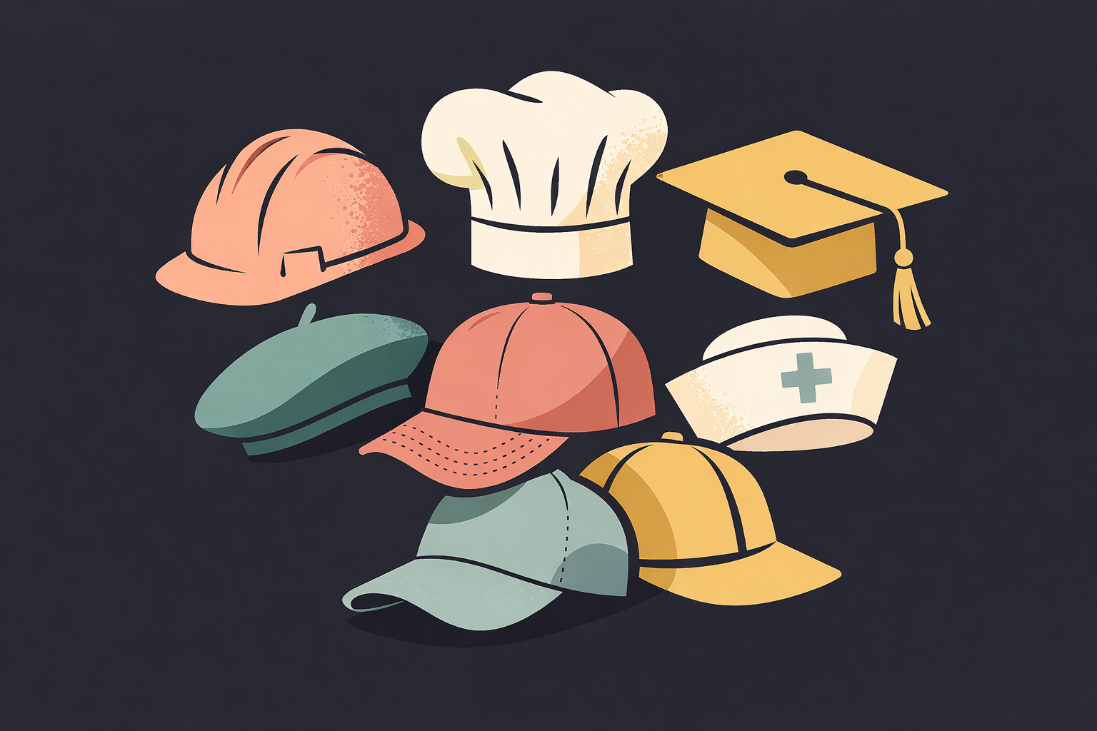 Stylized flat illustration of six professional hats—hard hat, chef’s toque, mortarboard, beret, nurse’s cap, and baseball cap—clustered and slightly overlapping on a charcoal background, each in a different soft brand color.