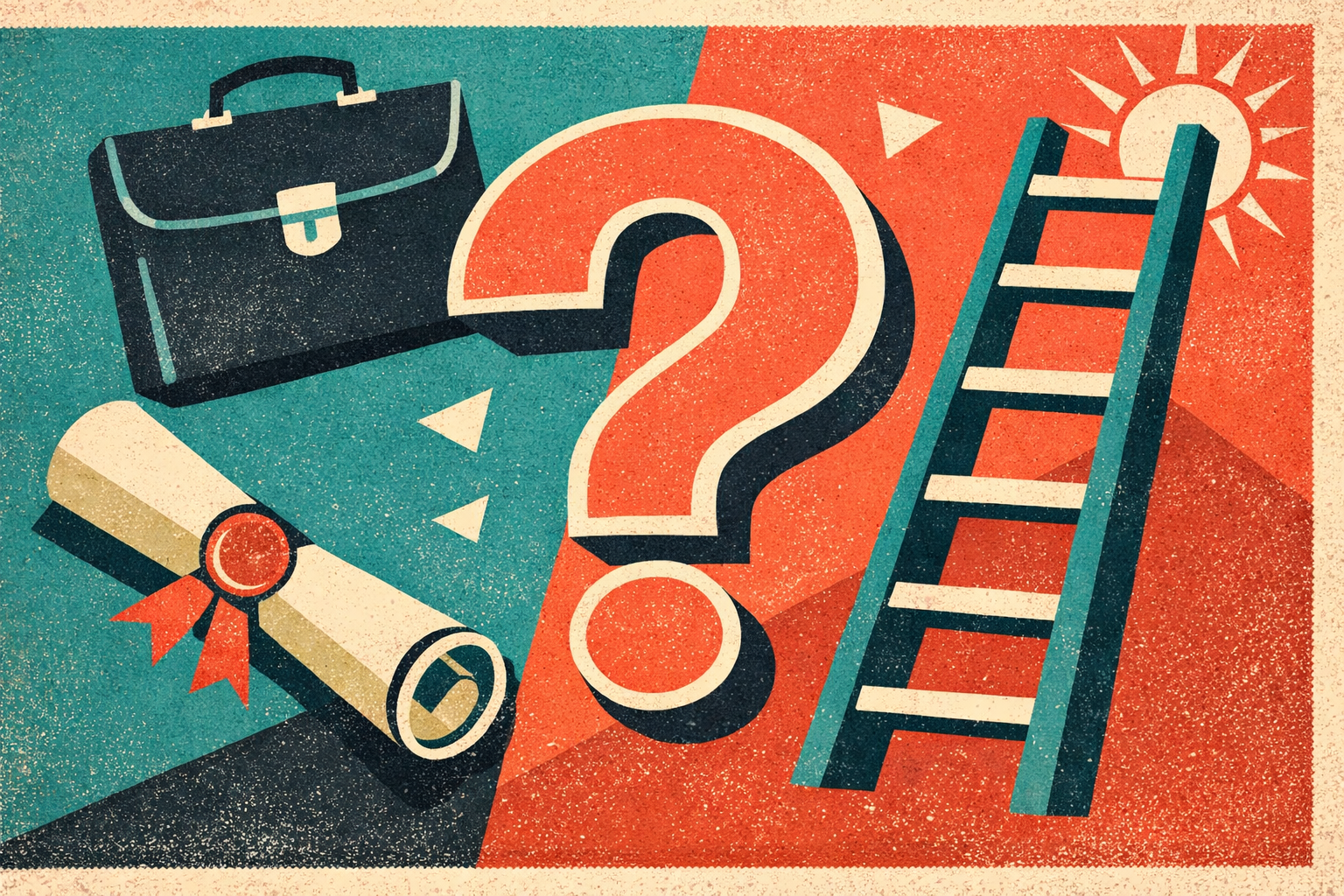 Mid-century modern career poster showing a diploma, briefcase, and corporate ladder in bold geometric shapes, arranged off-kilter around a large central question mark, in coral, teal, cream, and charcoal with a grainy vintage texture.
