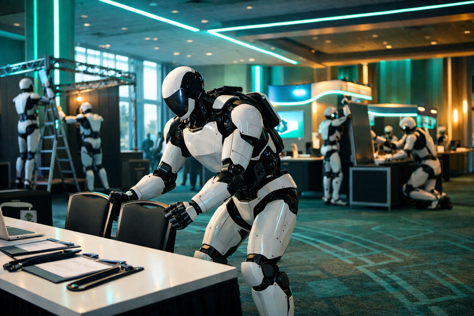 Humanoid robots set up a conference expo hall, arranging chairs and assembling booths under teal and turquoise lighting in a modern convention center.
