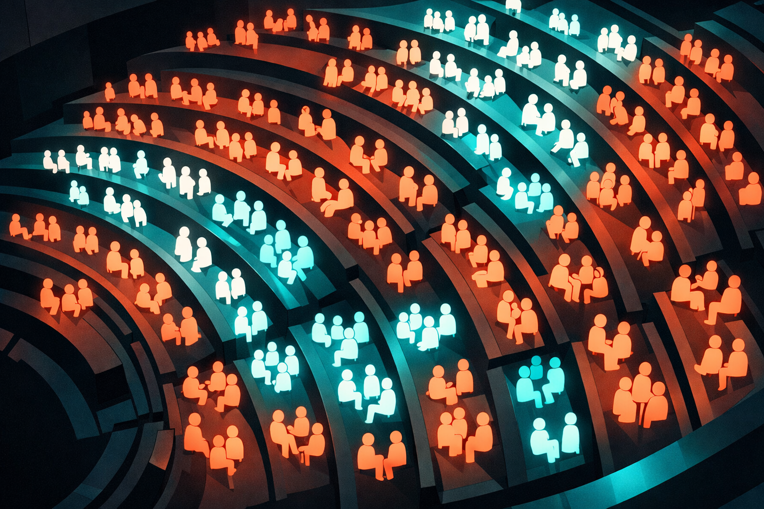 Abstract amphitheater viewed from above with glowing coral and white figures seated in curved rows, accented by teal lighting.
