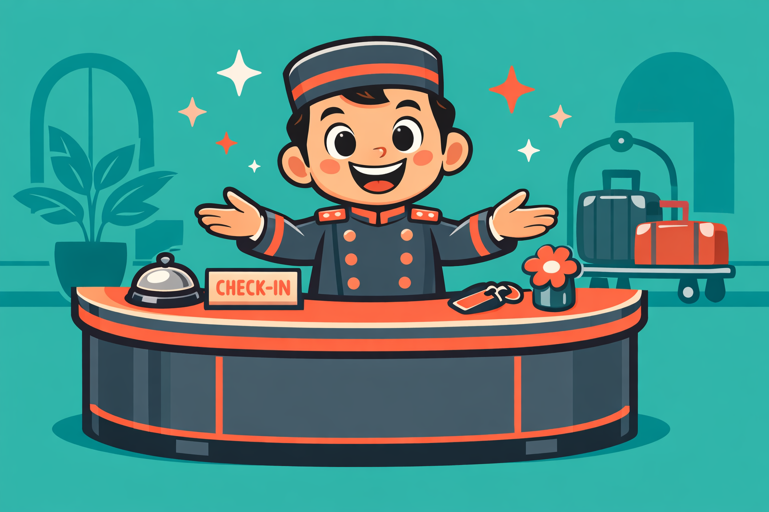 Cheerful cartoon hotel concierge with open arms at a modern, colorful front desk.