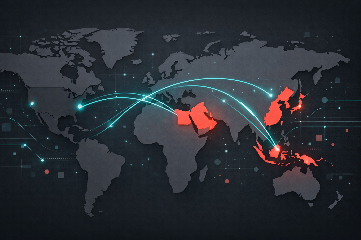Stylized global map on a dark background showing glowing teal digital pathways connecting the UAE, South Korea, and Singapore highlighted in coral, with the United States in muted charcoal, conveying modern international connectivity.