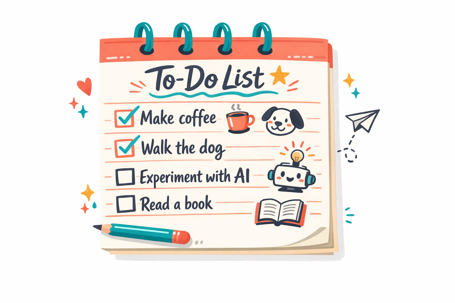 Illustrated to-do list on a notepad with items like make coffee, walk the dog, and experiment with AI, in a playful coral and teal style.