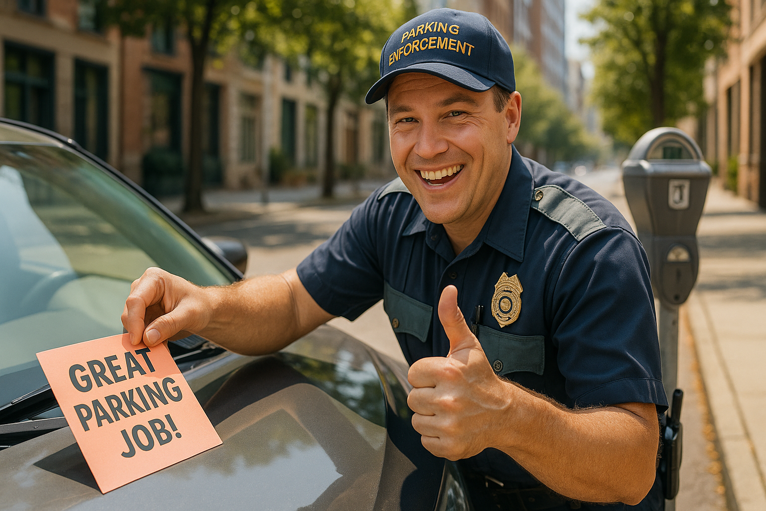 Smiling parking officer gives thumbs up while placing a 'GREAT PARKING JOB!' note on a car windshield.