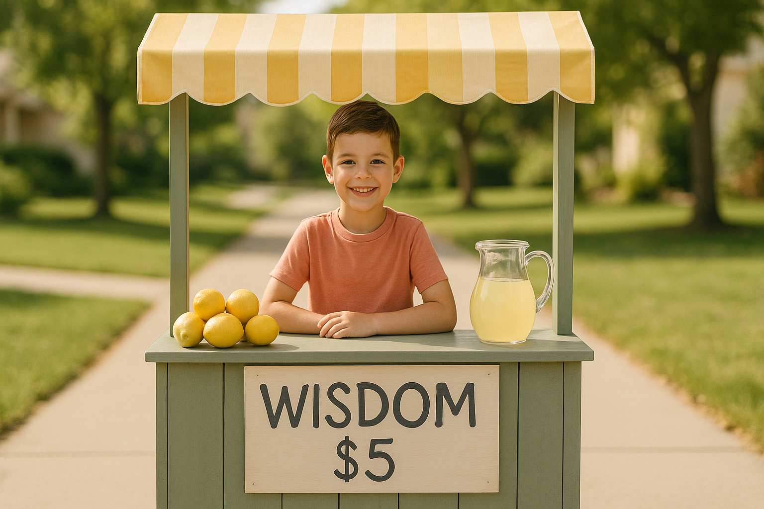 A young boy stands behind a sage green lemonade stand with a yellow-striped awning, smiling beside a pitcher of lemonade and a pile of fresh lemons. The sign reads 