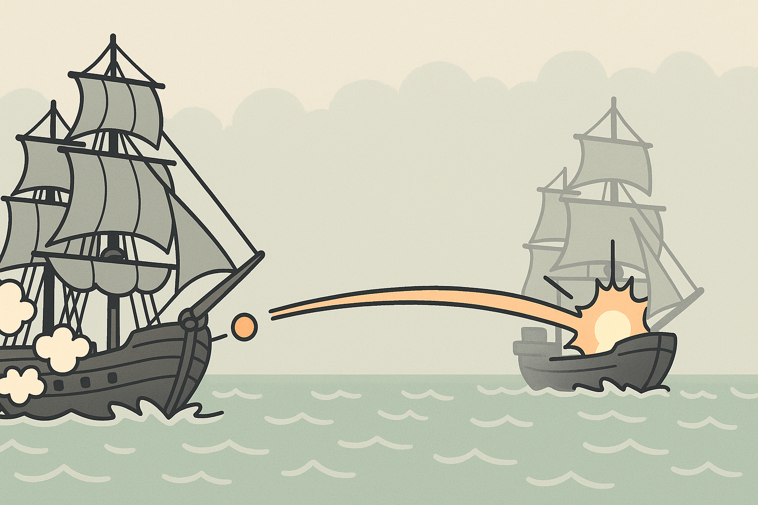Cartoon-style naval battle in fog: left ship fires multiple cannonballs, one glowing shot arcs across water and hits right ship, causing a peach-colored explosion.