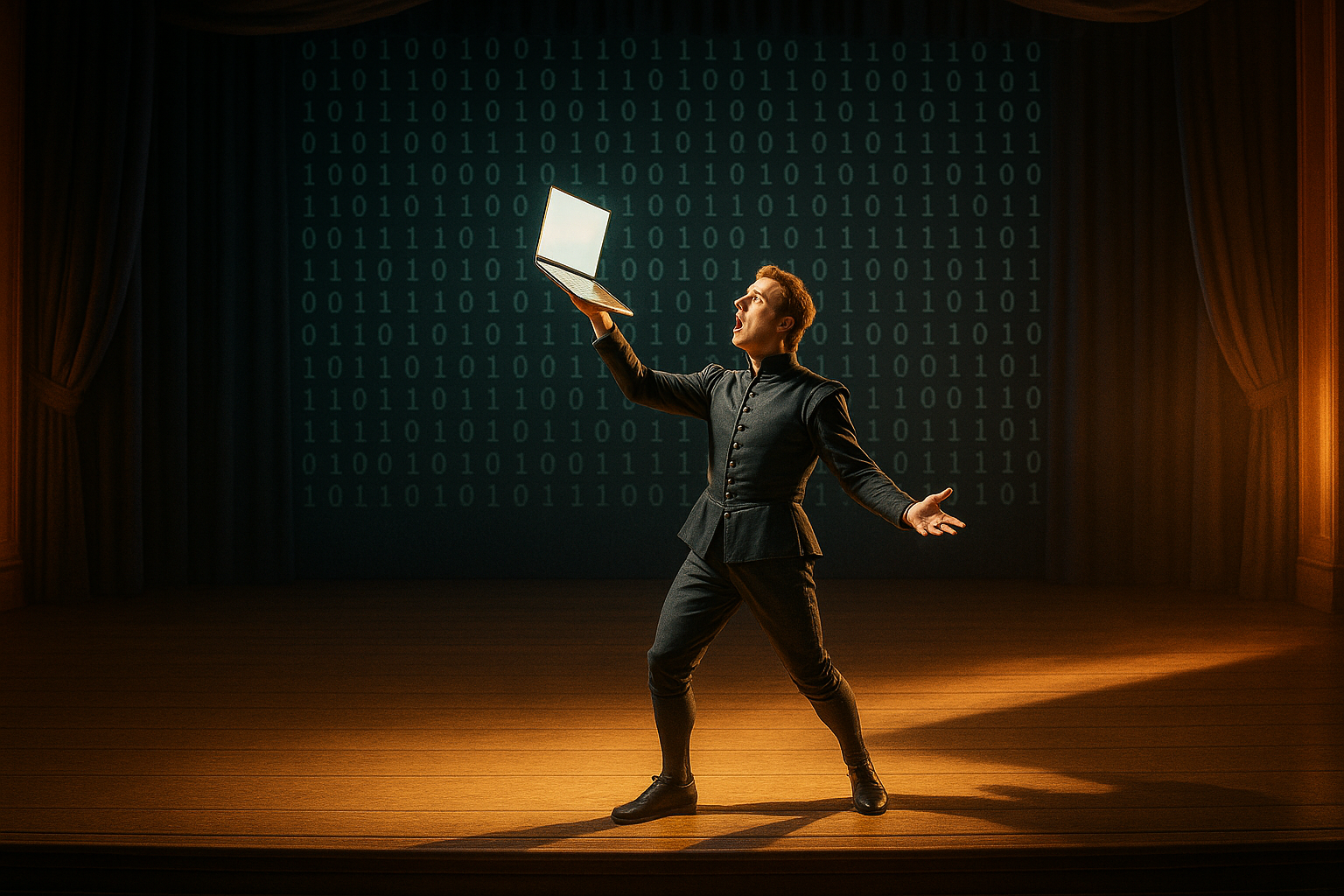 Actor in period costume stands center stage under spotlight, holding a glowing laptop aloft, with binary code cascading behind him on dark curtains.