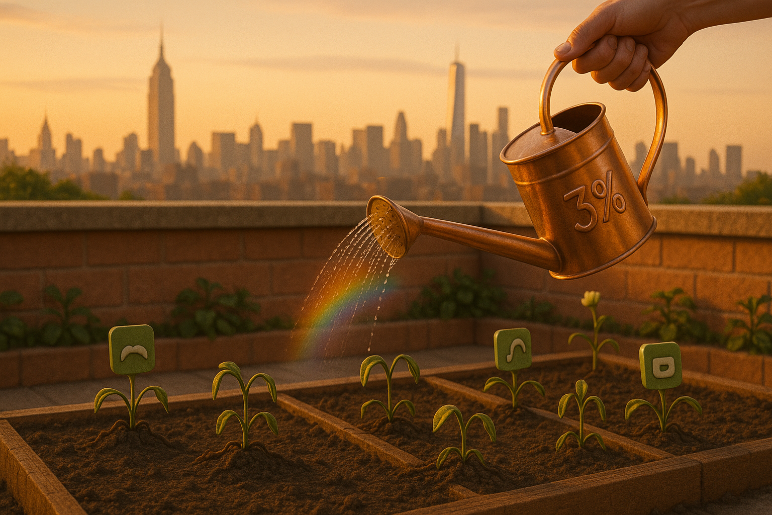 A copper watering can labeled 