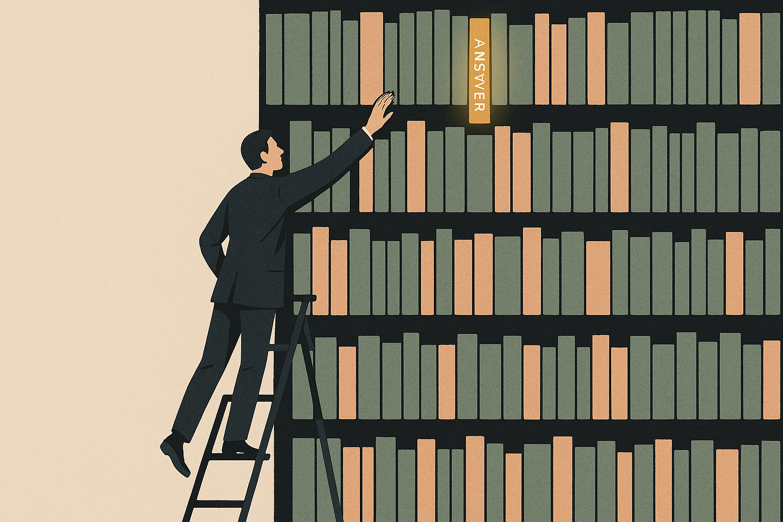 Man on ladder reaching for glowing book labeled 'ANSWER' on a large bookshelf filled with muted green and peach books.