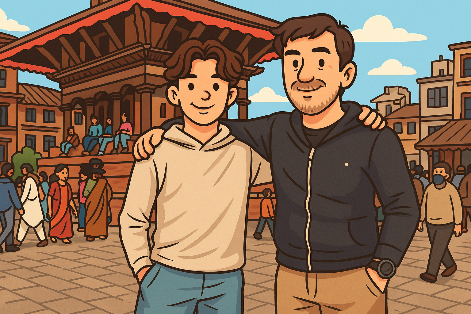Cartoon of a father and son posing in front of a pagoda-style temple in a busy Nepalese square.