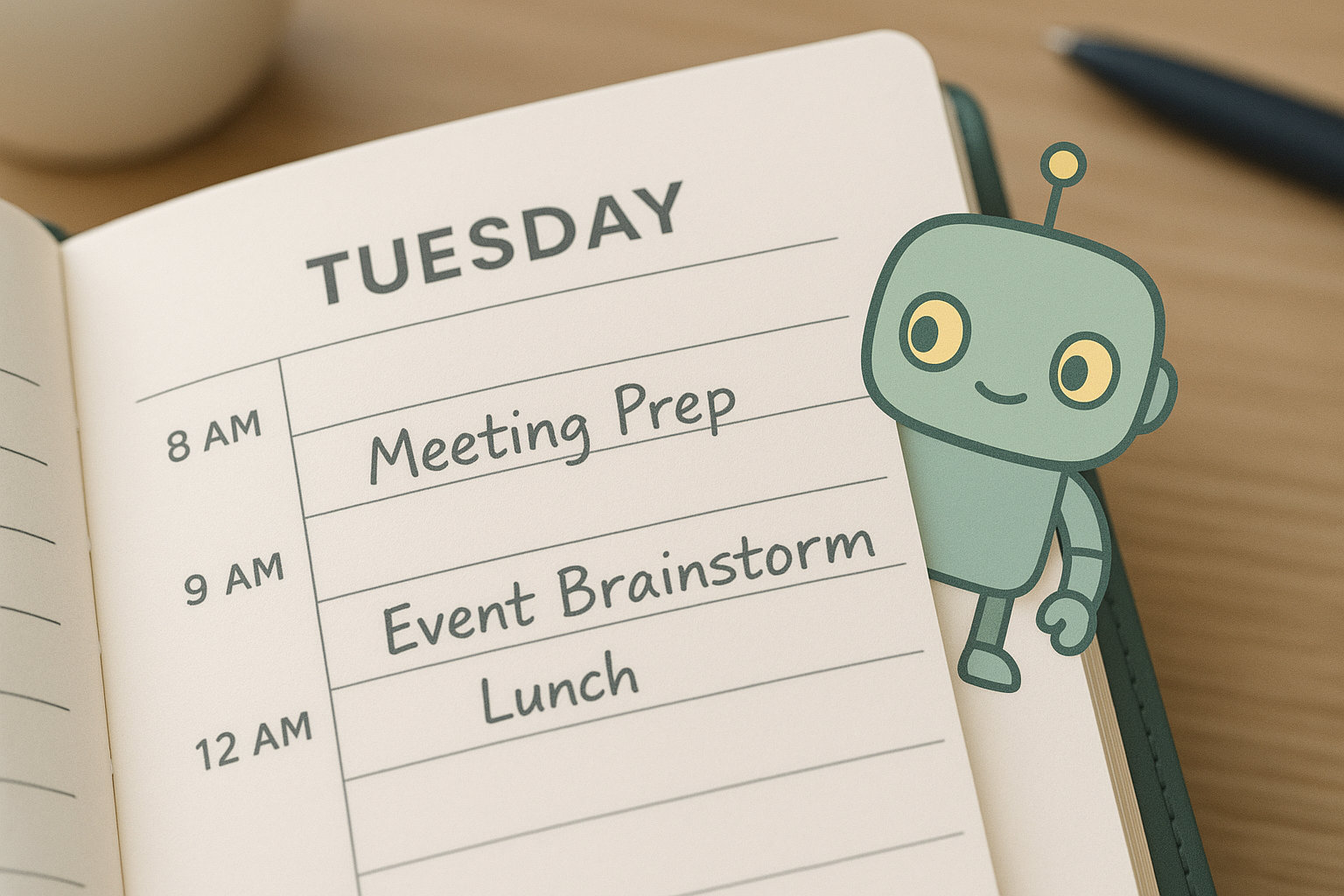 Open planner showing Tuesday morning with handwritten tasks: Meeting Prep, Event Brainstorm, and Lunch. A cute sage green robot peeks from the page edge; coffee cup and pen blurred in background.