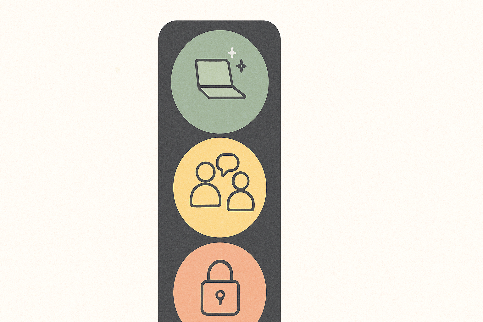Illustration of a traffic light with icons: a sparkling laptop in a green light, two people talking in a yellow light, and a padlock in a peach light, on a dark pole against a light background with subtle geometric shapes.