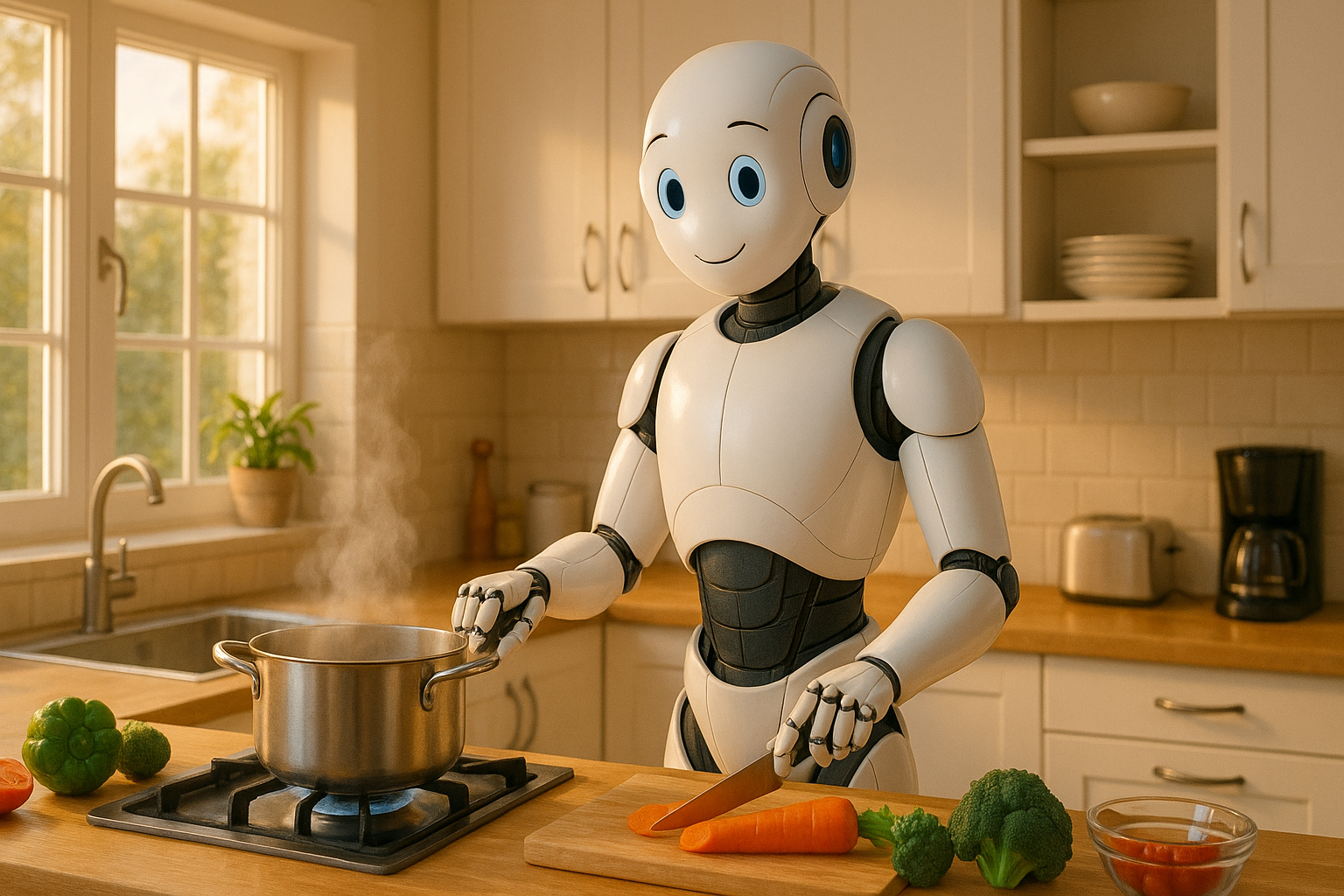 Friendly humanoid robot cooking in a warm, modern kitchen, stirring a pot and chopping vegetables on the counter.