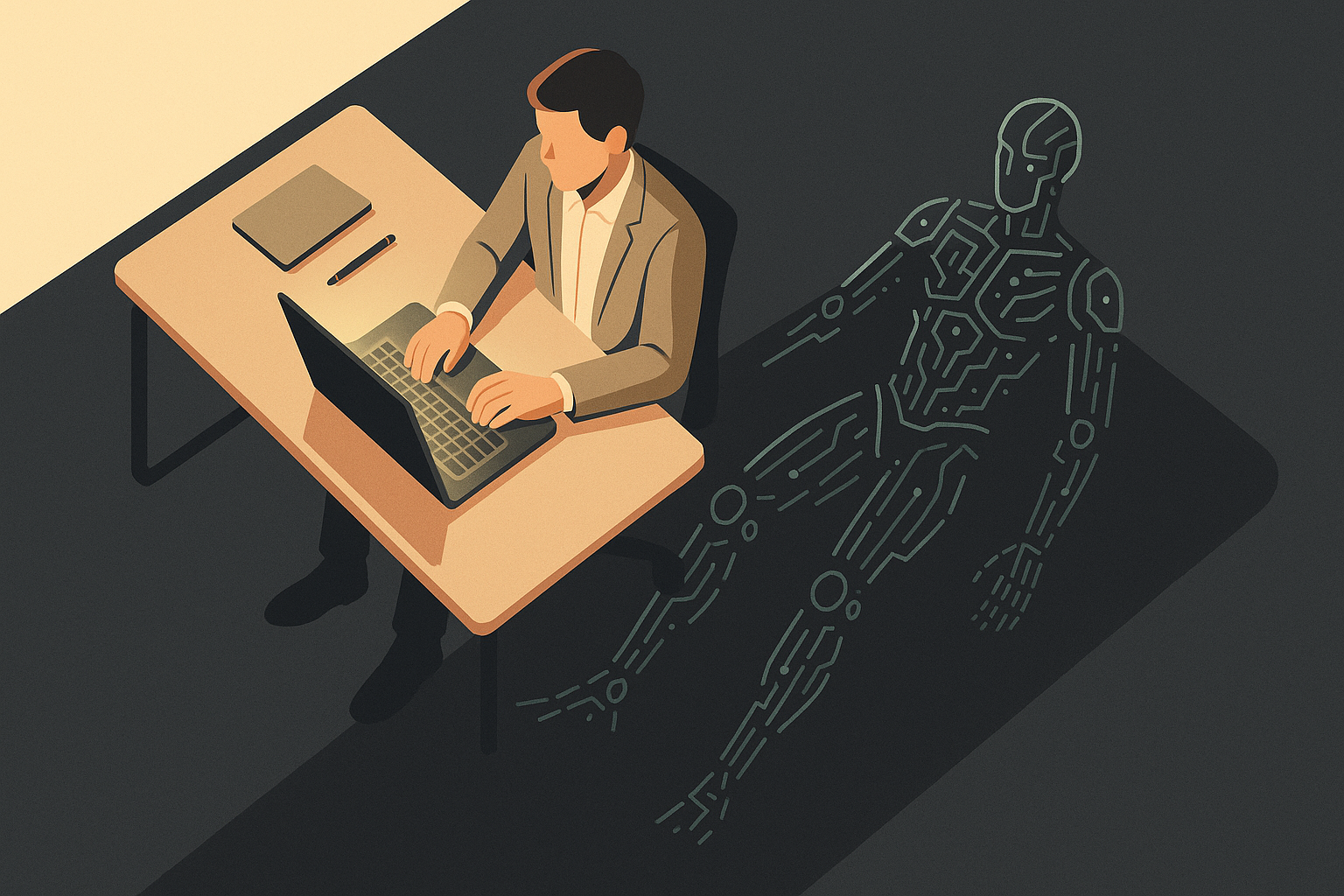 Overhead view of a business professional at a desk using a laptop, casting a robotic, circuit-patterned shadow symbolizing AI integration.