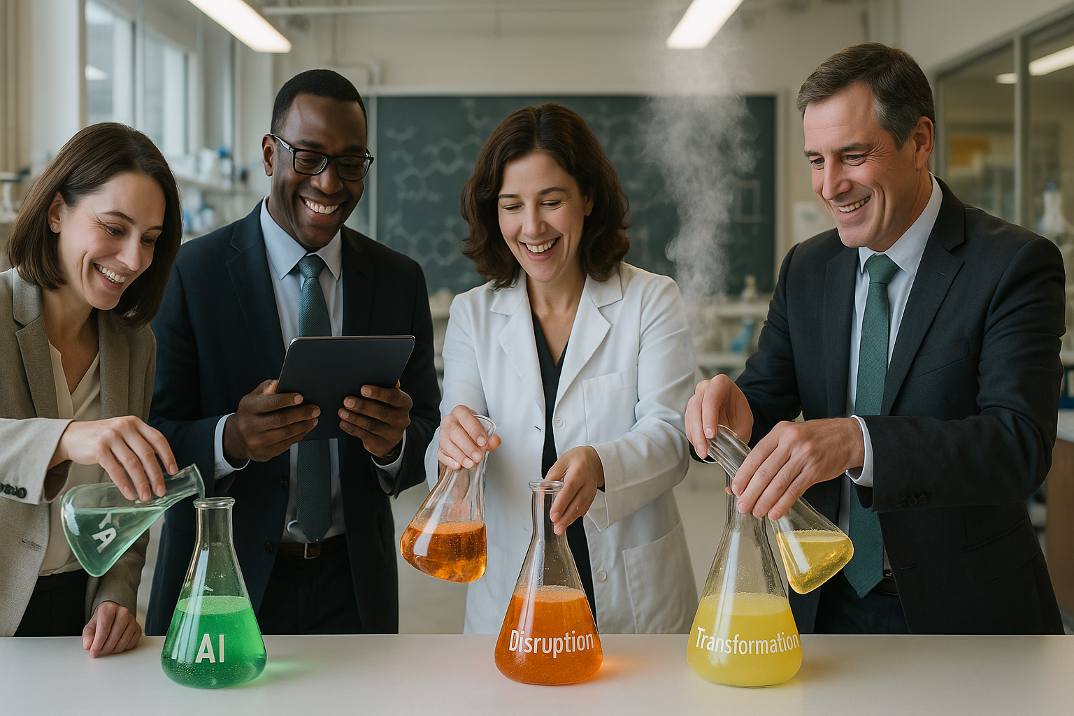 Photo of four business professionals in a modern lab interacting with labeled beakers representing AI, Disruption, and Transformation.