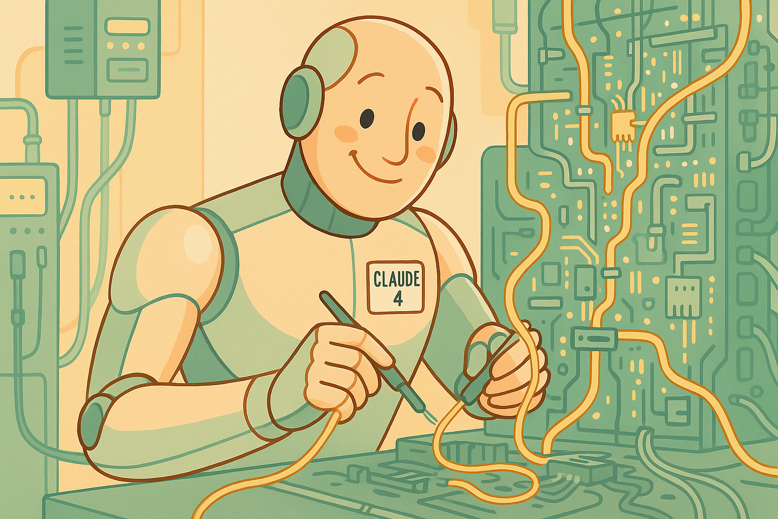 A friendly robot labeled “Claude 4” repairs a circuit board in a bright, modern lab, surrounded by wires and tools in soft peach, sage green, and yellow tones.
