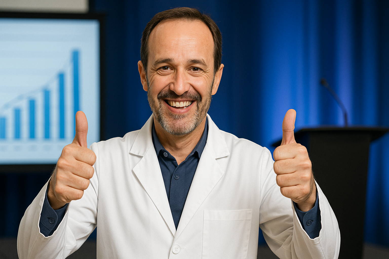 Smiling man in a white lab coat giving two thumbs up at a conference podium with a presentation screen in the background.