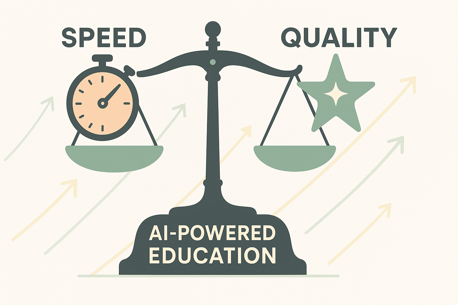 A balanced scale with both sides elevated: a stopwatch labeled 