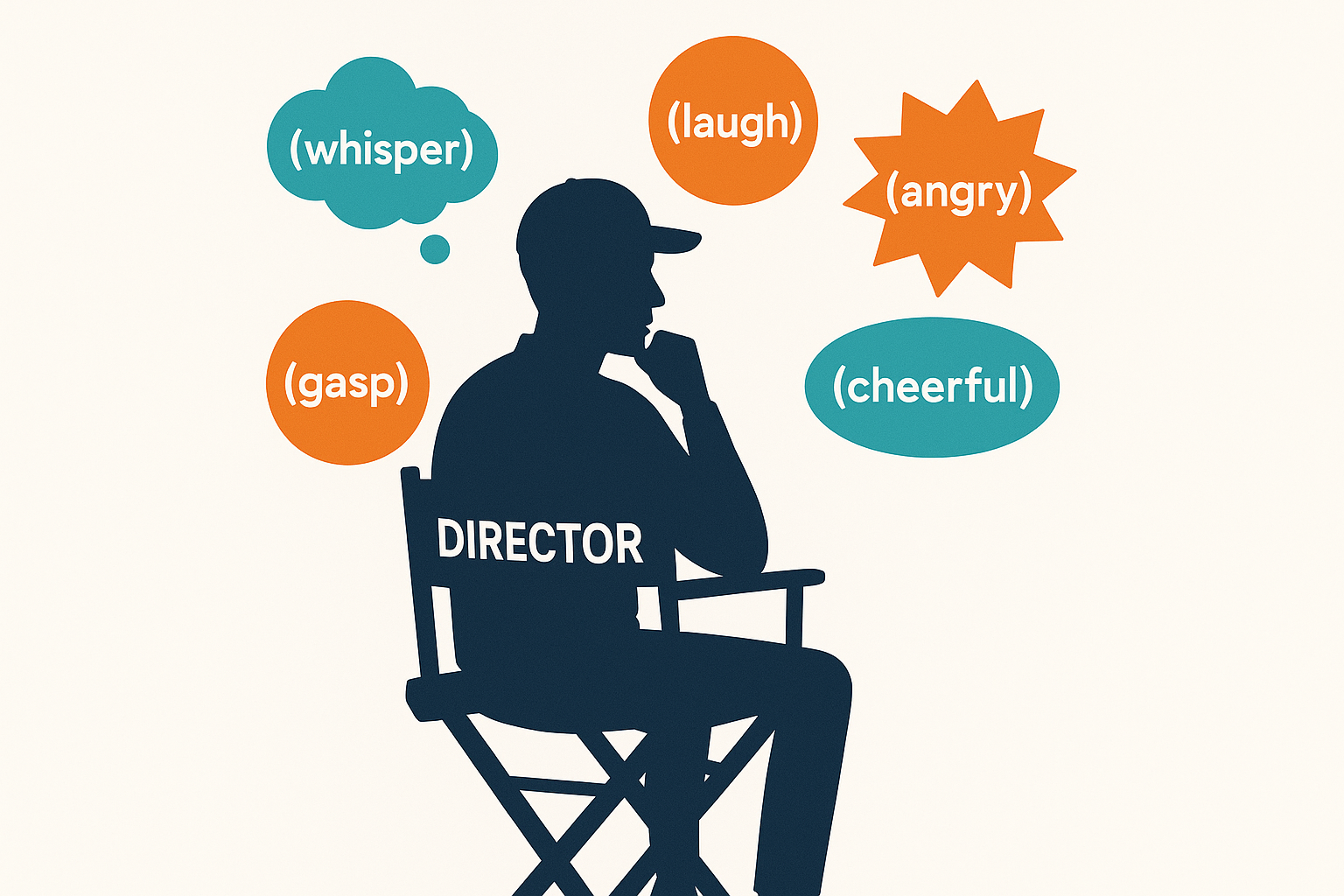 Silhouette of a film director in a chair, surrounded by colorful speech bubbles labeled (whisper), (laugh), (angry), (cheerful), and (gasp) on a white background.