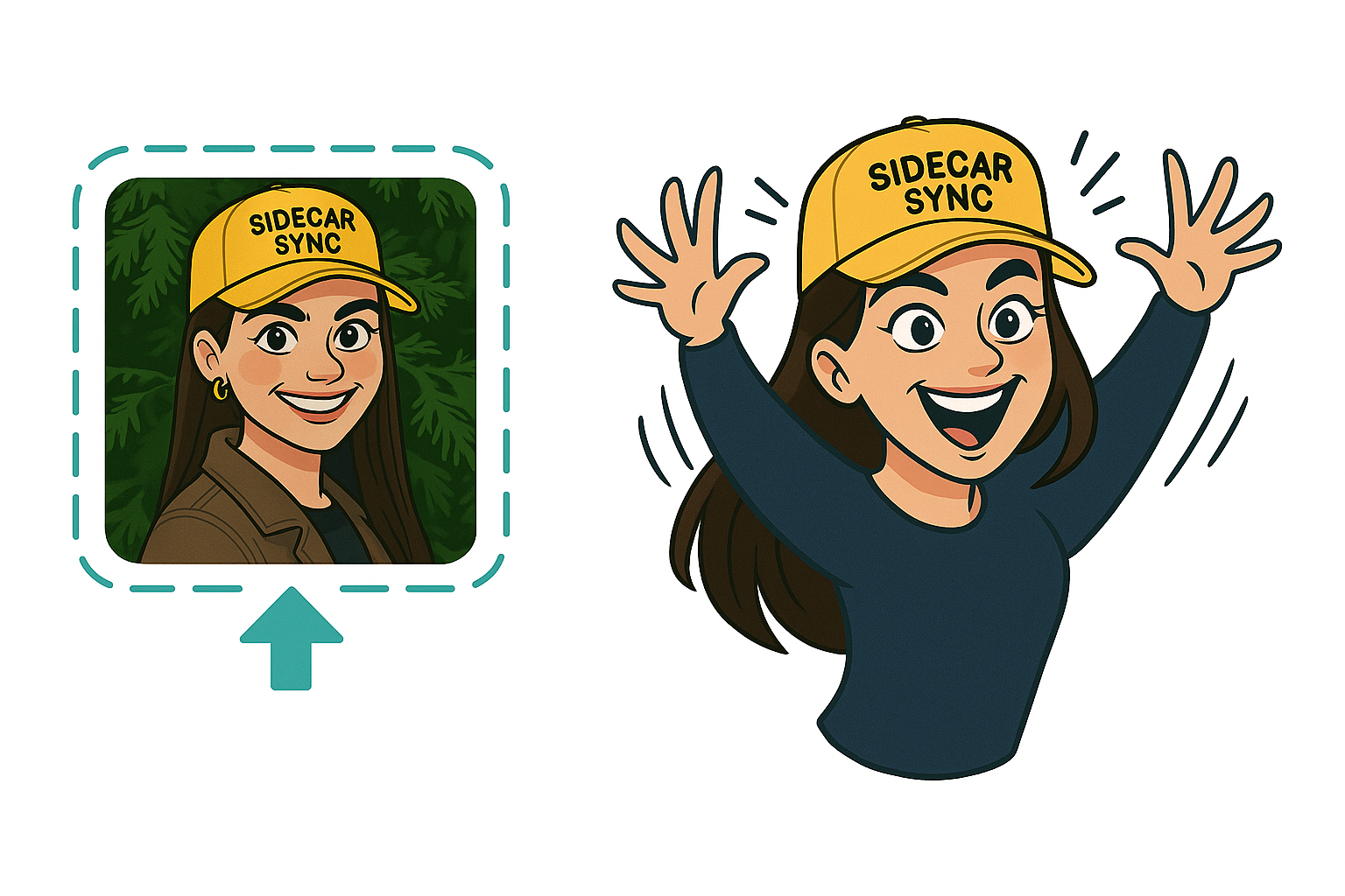 A cartoon-style illustration shows a transformation from a realistic portrait of a woman wearing a yellow 