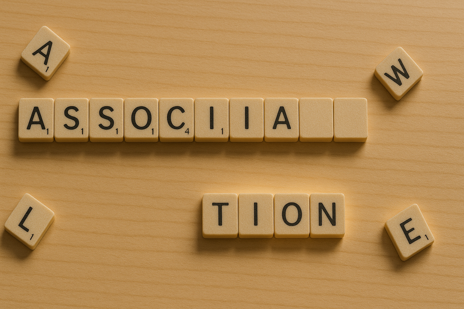 Scrabble tiles spelling 'ASSOCIA' with three blank tiles, and 'TION' glowing below on a wooden surface, surrounded by scattered letter tiles.