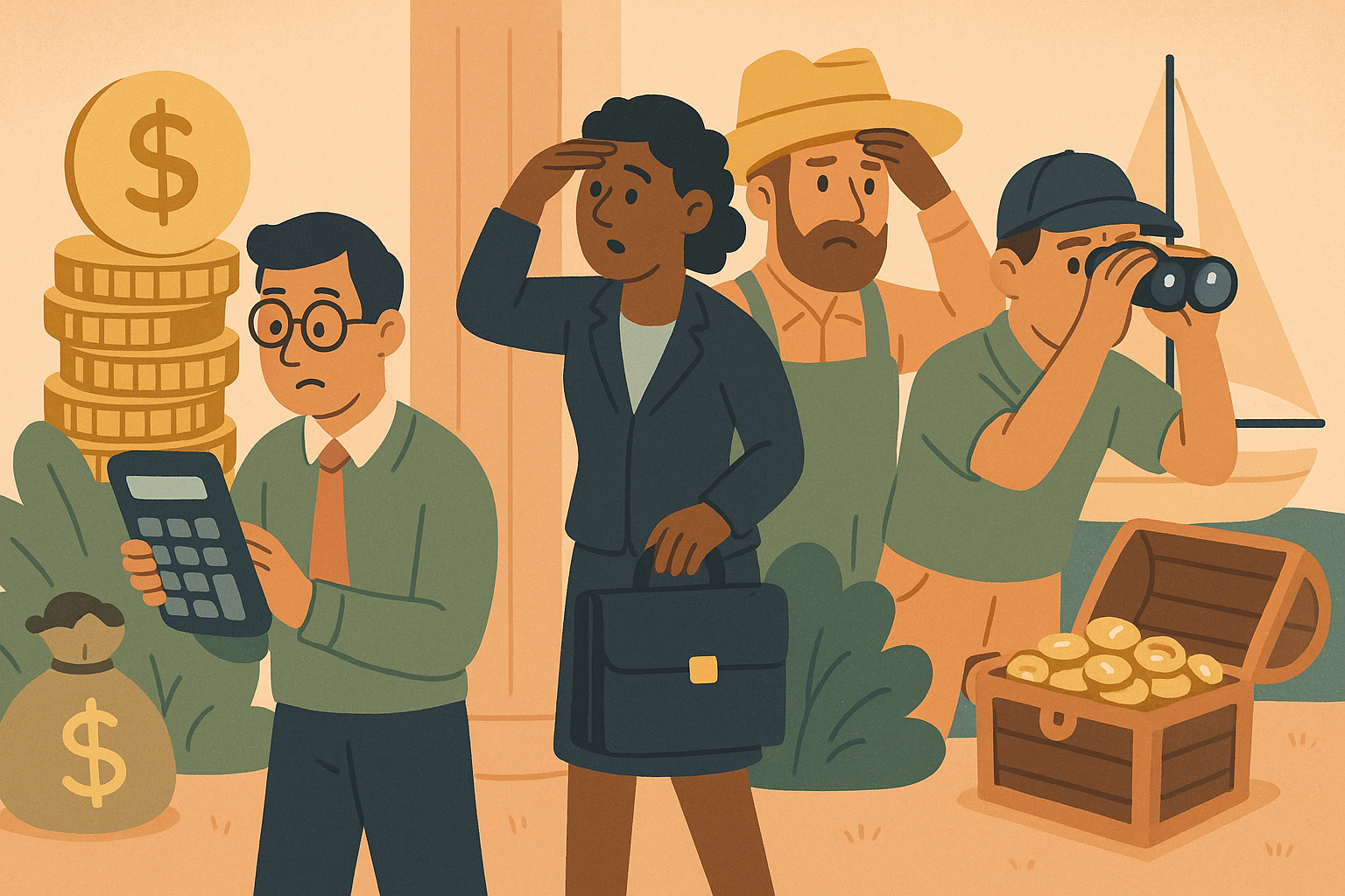 Four professionals search as coins and treasure hide in plain sight, in a warm, cartoon-style scene.