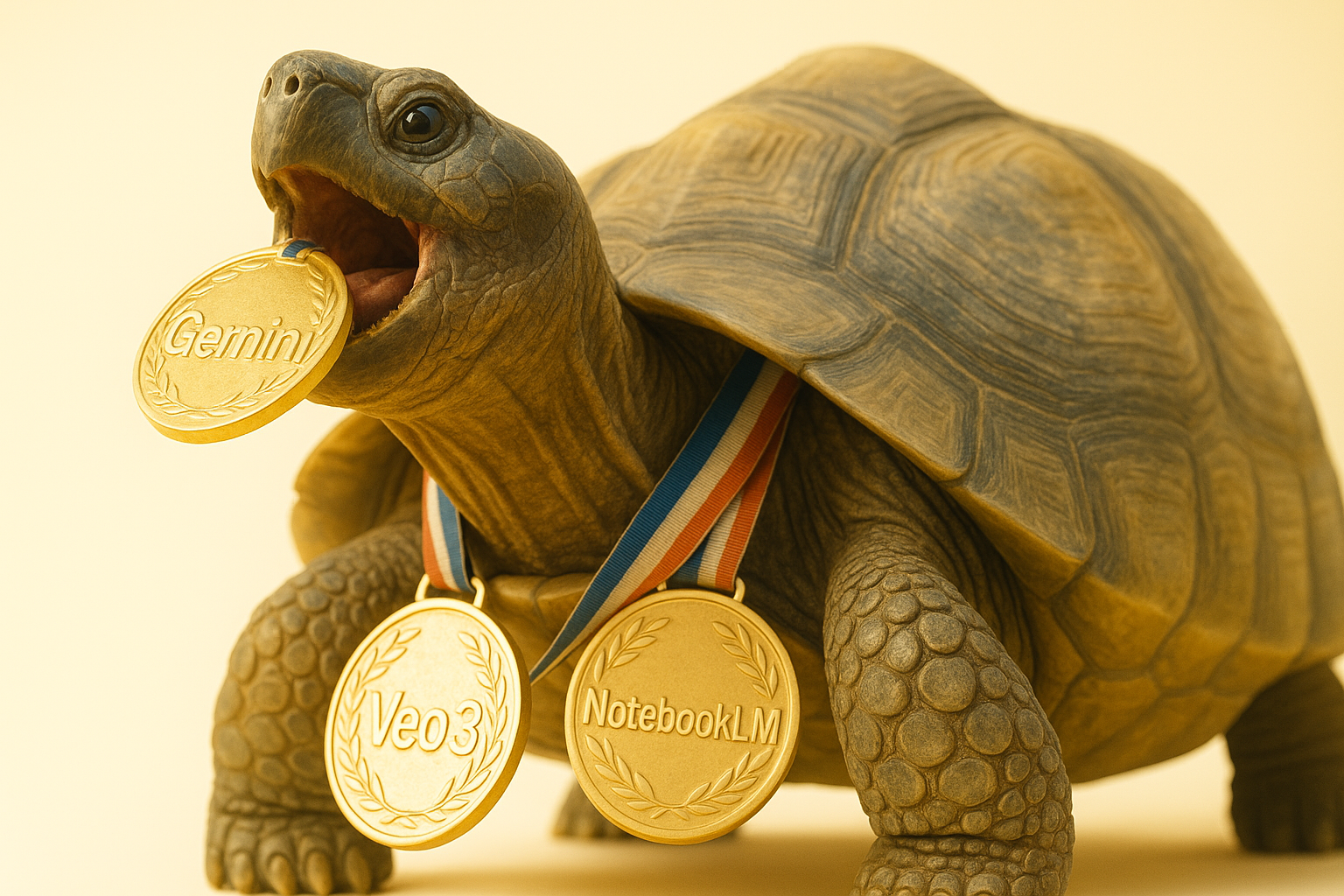 A proud tortoise bites a “Gemini” gold medal, wearing “Veo 3” and “NotebookLM” medals around its neck.