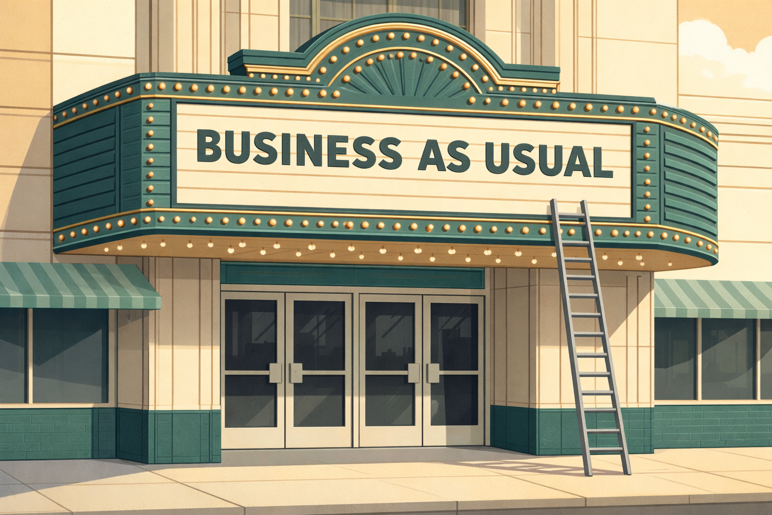 Flat illustration of a vintage theater marquee on a cream-colored building reading “Business as Usual,” with a ladder leaning against the sign in bright midday light.