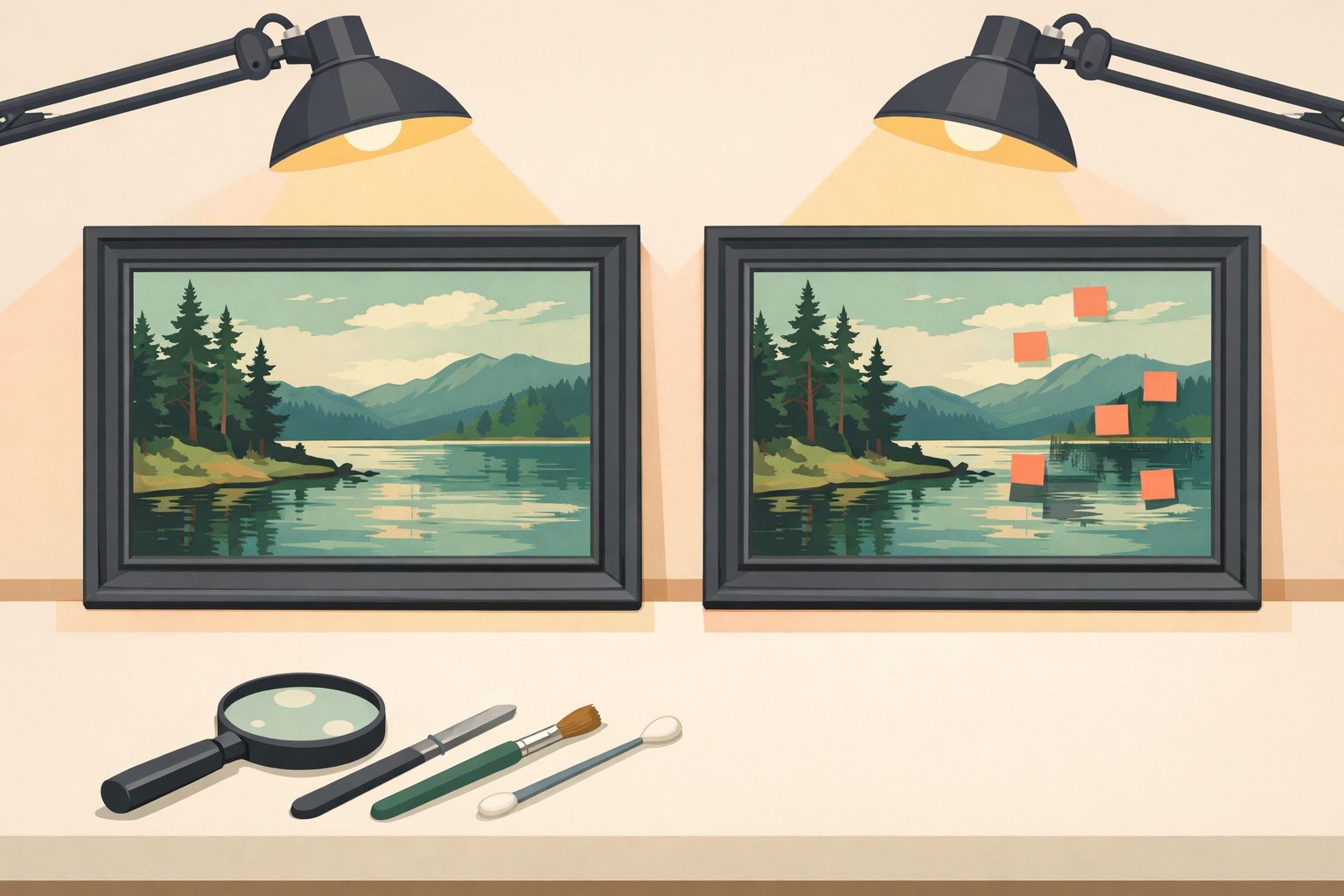 Two nearly identical framed landscape paintings sit under bright examination lamps on a museum conservation table; one painting has coral sticky notes marking subtle errors while tools and a magnifying glass rest in the foreground.