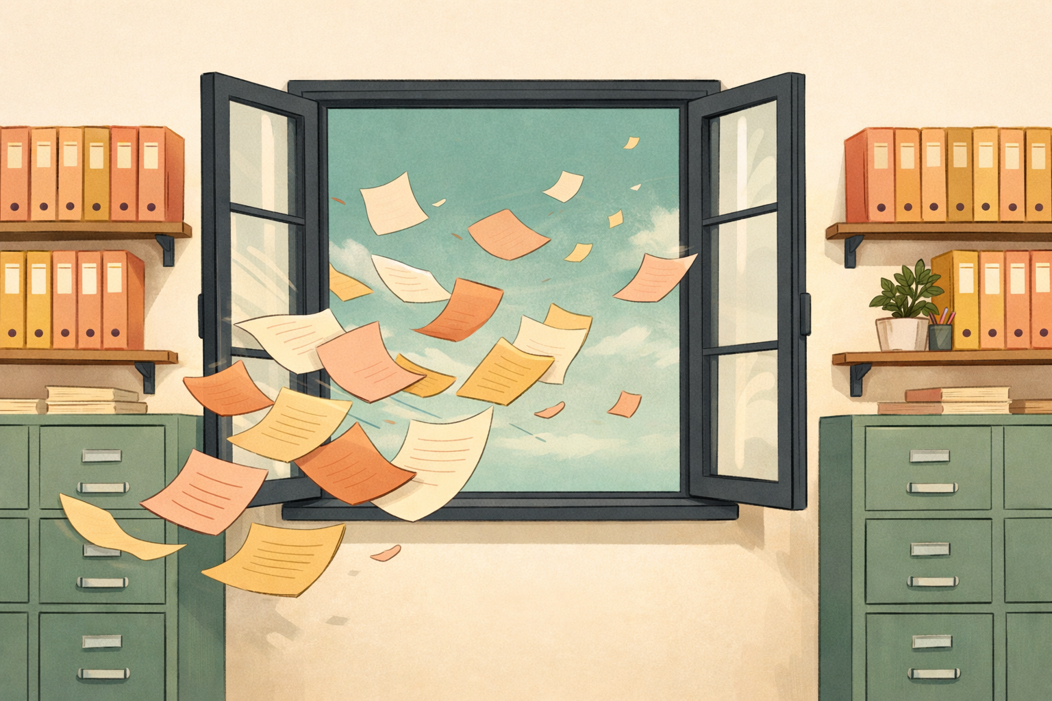Illustrated office with orderly sage filing cabinets and binders while an open charcoal-framed window lets a breeze carry peach and gold papers out into a soft teal sky.