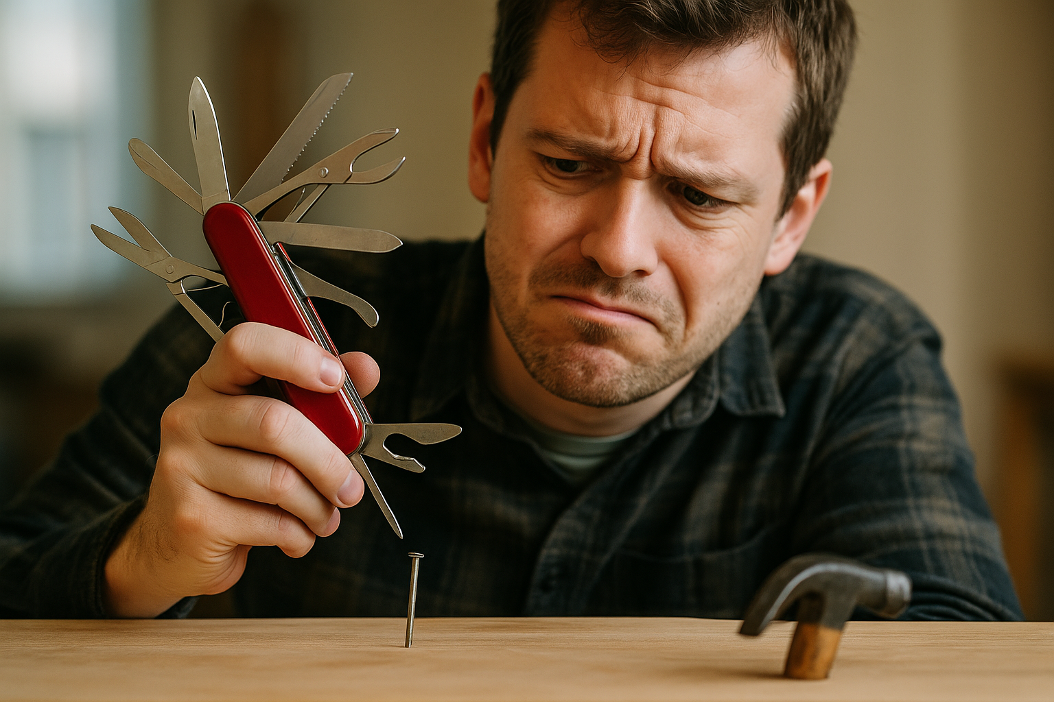 A frustrated man tries to hammer a nail with a Swiss Army knife, multiple tools extended, while a real hammer sits unused in the background.