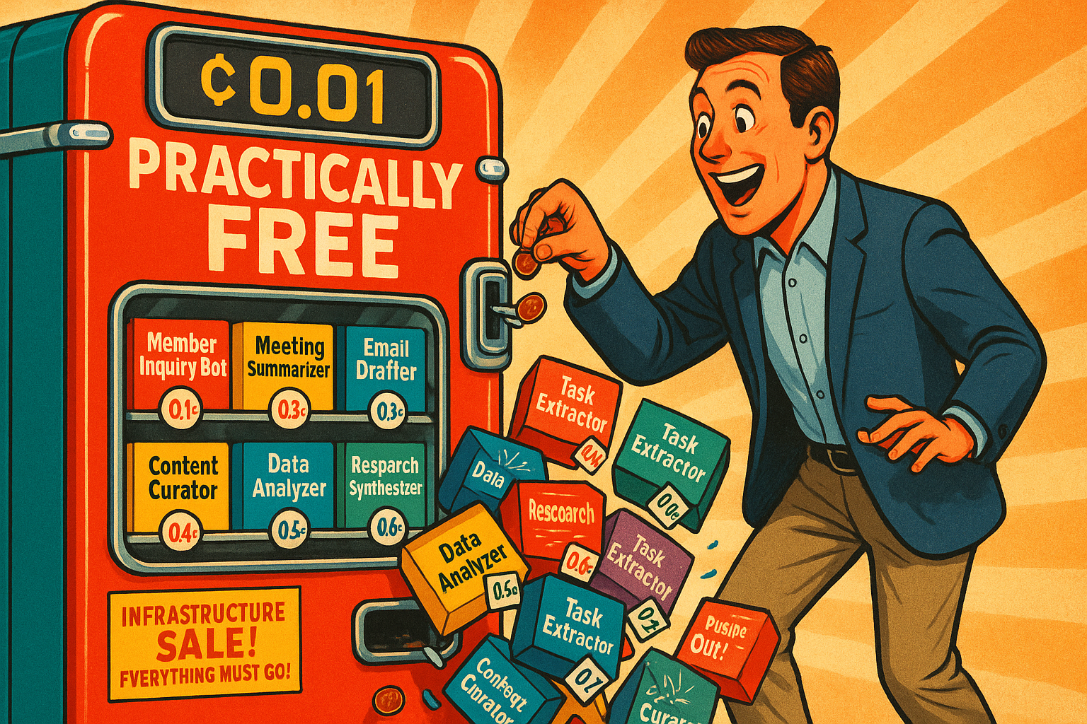 A retro 1950s-style vending machine labeled “Practically Free” dispenses colorful AI tool boxes as a delighted professional drops in a penny, with bright vintage colors and a sunburst background.