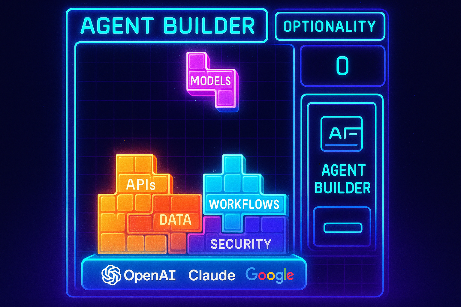 Neon Tetris-inspired game screen showing AI components—Models, APIs, Data, Workflows, and Security—stacking to form an agent builder interface above vendor logos with a glowing “Optionality” score counter.