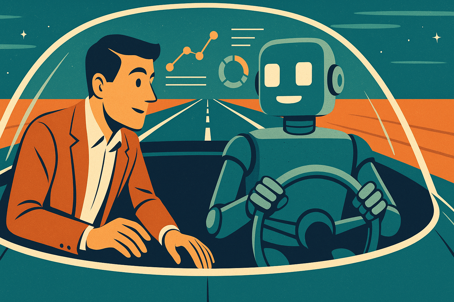 Retro-futuristic illustration of a man in business casual sitting beside a friendly robot driving a bubble-dome car, with data overlays visible on the highway ahead.