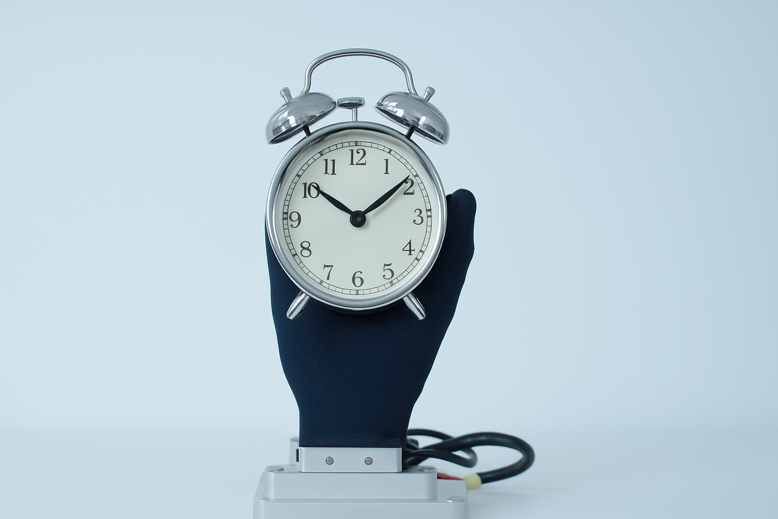 A robotic glove hand holding a classic silver alarm clock centered against a clean, light blue background.